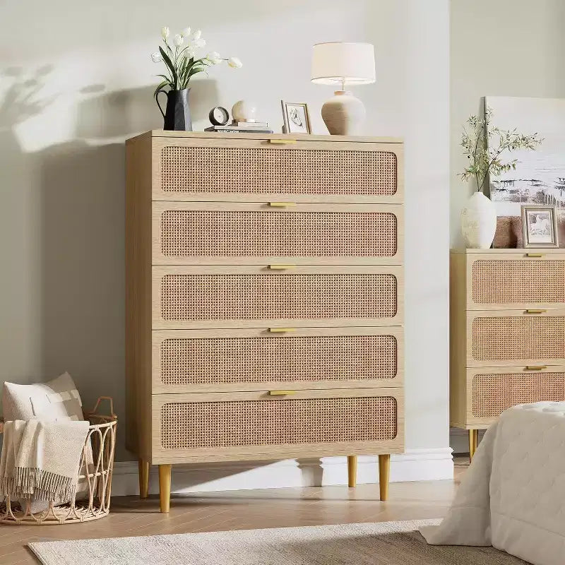 Commode 5 tiroirs en rotin - Grand chiffonnier avec plateau large pour chambre et salon