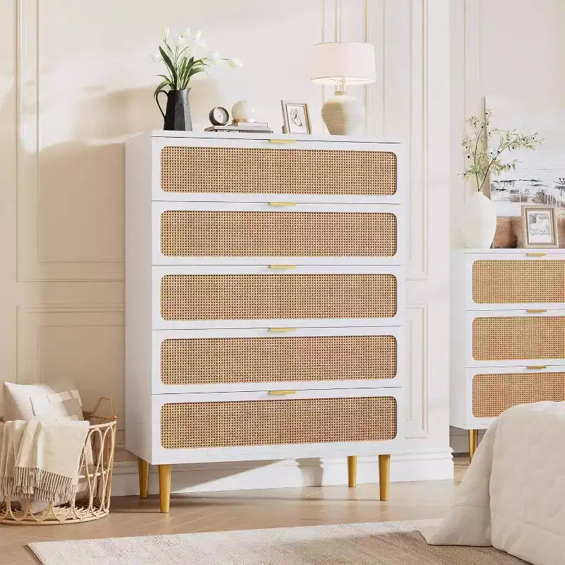 Commode 5 tiroirs en rotin - Grand chiffonnier avec plateau large pour chambre et salon