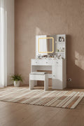 Vanity Desk and Stool with Mirror and LightsMakeup Vanity with Charging Station, Drawers, Storage Shelves for Bedroom, White