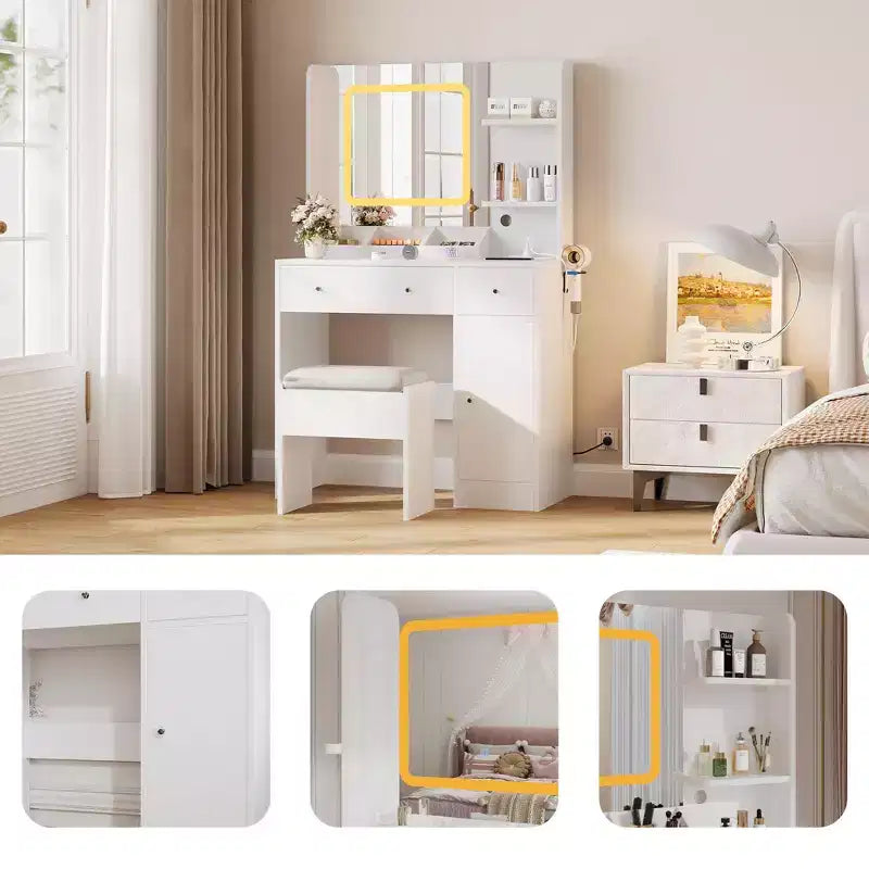 Coiffeuse et tabouret avec miroir et lumières, coiffeuse de maquillage avec station de recharge, tiroirs, étagères de rangement pour chambre, blanc