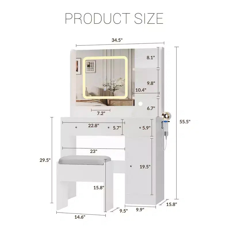 Coiffeuse et tabouret avec miroir et lumières, coiffeuse de maquillage avec station de recharge, tiroirs, étagères de rangement pour chambre, blanc