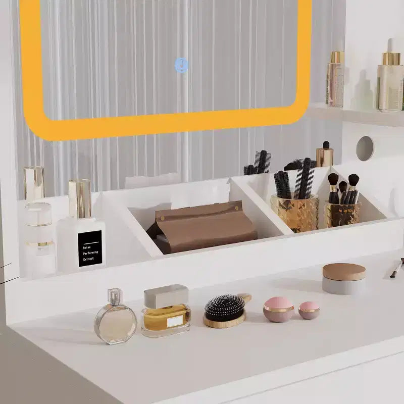 Coiffeuse et tabouret avec miroir et lumières, coiffeuse de maquillage avec station de recharge, tiroirs, étagères de rangement pour chambre, blanc