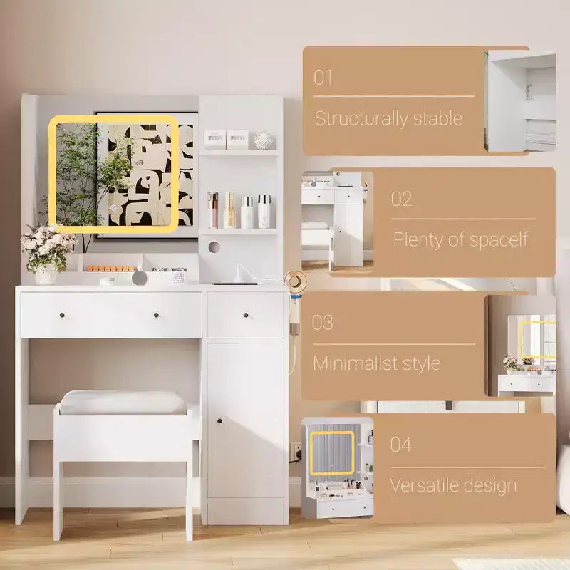 Coiffeuse et tabouret avec miroir et lumières, coiffeuse de maquillage avec station de recharge, tiroirs, étagères de rangement pour chambre, blanc