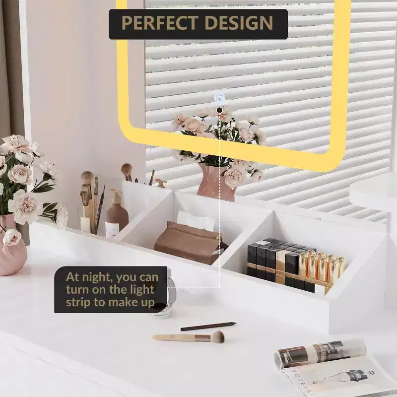 Coiffeuse et tabouret avec miroir et lumières, coiffeuse de maquillage avec station de recharge, tiroirs, étagères de rangement pour chambre, blanc