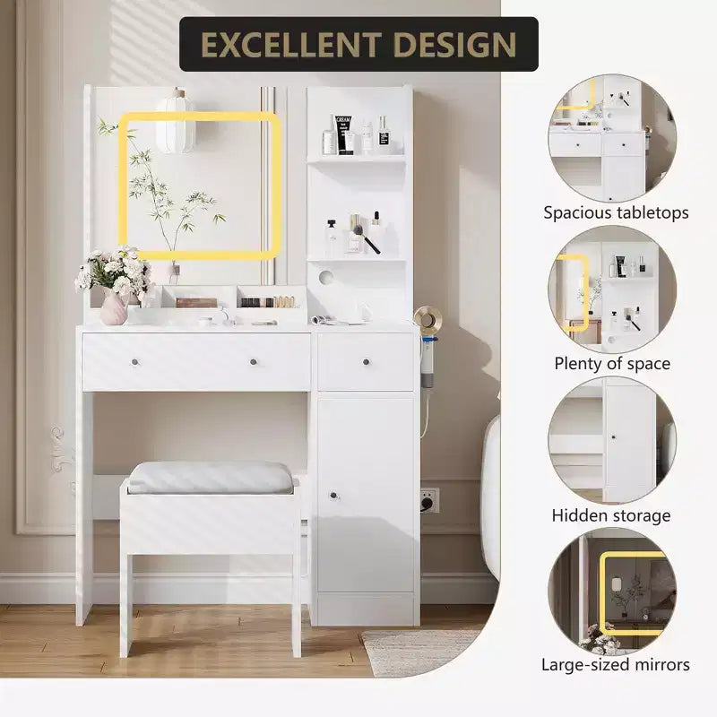 Coiffeuse et tabouret avec miroir et lumières, coiffeuse de maquillage avec station de recharge, tiroirs, étagères de rangement pour chambre, blanc