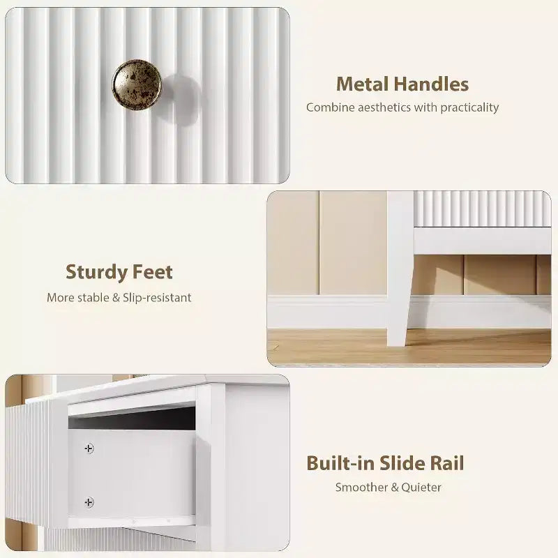Commode 3 tiroirs cannelée – Meuble de rangement moderne en bois avec pieds en métal et kit anti-basculement, pour chambre/salon