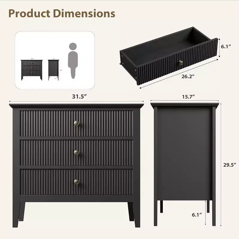 Commode 3 tiroirs cannelée – Meuble de rangement moderne en bois avec pieds en métal et kit anti-basculement, pour chambre/salon