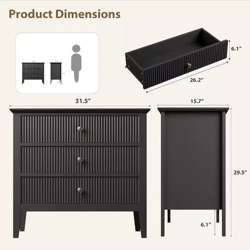 Commode 3 tiroirs cannelée – Meuble de rangement moderne en bois avec pieds en métal et kit anti-basculement, pour chambre/salon