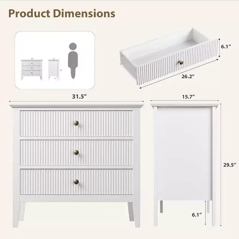 Commode 3 tiroirs cannelée – Meuble de rangement moderne en bois avec pieds en métal et kit anti-basculement, pour chambre/salon
