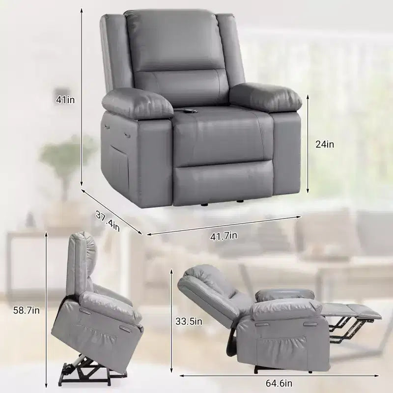 Fauteuil releveur électrique inclinable extra large avec chaleur et massage, dossier et jambes réglables, en cuir PU pour personnes âgées et à mobilité réduite