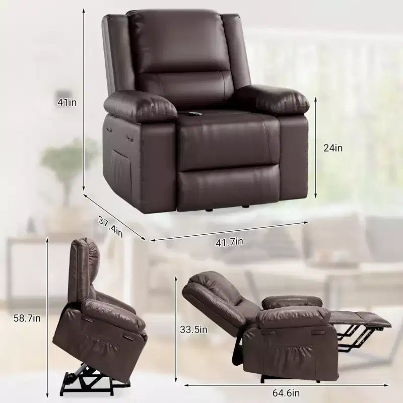 Fauteuil releveur électrique inclinable extra large avec chaleur et massage, dossier et jambes réglables, en cuir PU pour personnes âgées et à mobilité réduite