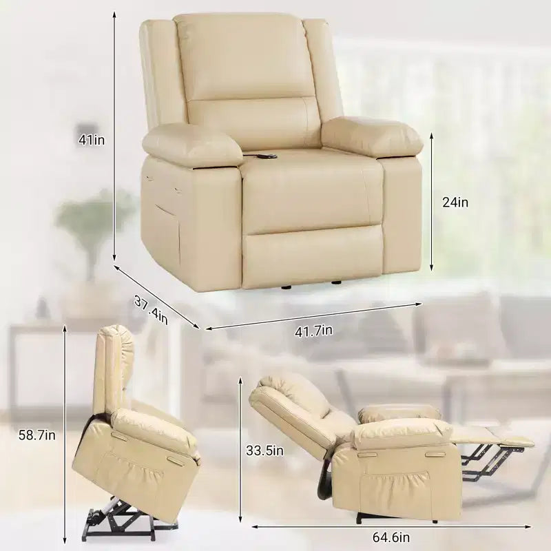 Fauteuil releveur électrique inclinable extra large avec chaleur et massage, dossier et jambes réglables, en cuir PU pour personnes âgées et à mobilité réduite