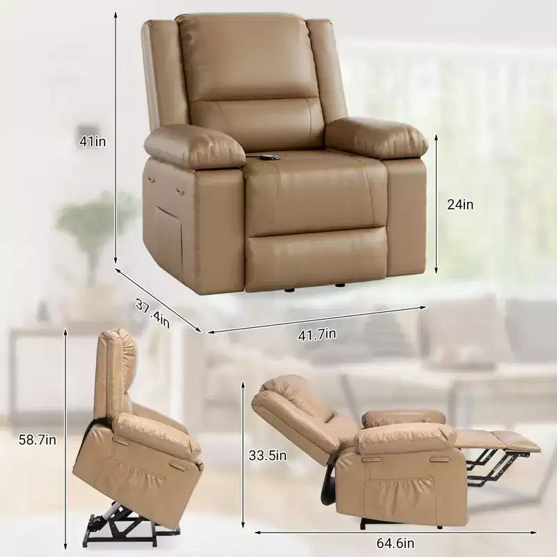 Fauteuil releveur électrique inclinable extra large avec chaleur et massage, dossier et jambes réglables, en cuir PU pour personnes âgées et à mobilité réduite