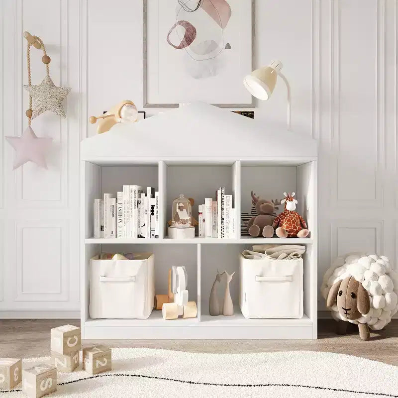 White Kids Bookshelf Toy Storage Organizer 5-Cubby Bookcase Toddlers Playhouse Wooden Cubby Storage Toy Shelf for Playroom, Nursery, Kids Room