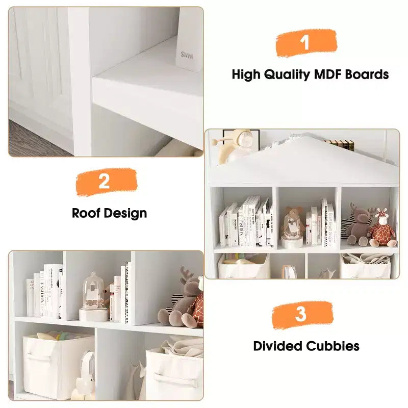 Étagère à Livres Blanche pour Enfants Meuble de Rangement pour Jouets avec 5 Compartiments Bibliothèque Maison de Jeu pour Tout-petits Étagère de Rangement en Bois pour Salle de Jeux, Chambre d'Enfant