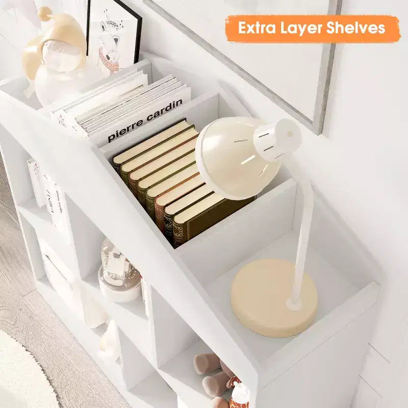 Étagère à Livres Blanche pour Enfants Meuble de Rangement pour Jouets avec 5 Compartiments Bibliothèque Maison de Jeu pour Tout-petits Étagère de Rangement en Bois pour Salle de Jeux, Chambre d'Enfant