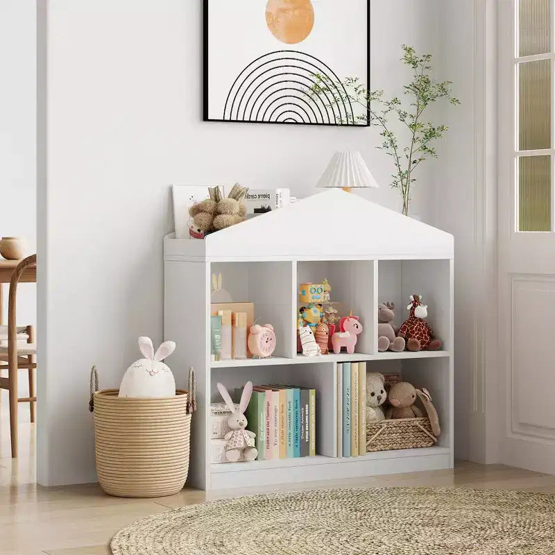 Étagère à Livres Blanche pour Enfants Meuble de Rangement pour Jouets avec 5 Compartiments Bibliothèque Maison de Jeu pour Tout-petits Étagère de Rangement en Bois pour Salle de Jeux, Chambre d'Enfant