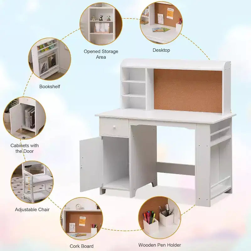Ensemble bureau et chaise pour enfants avec étagère, tableau d'affichage, armoire et tiroir, table d'étude en bois pour les 3-8 ans, blanc