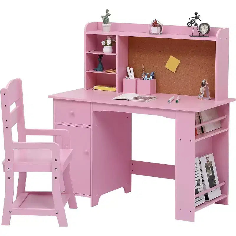 Ensemble bureau et chaise pour enfants avec étagère, tableau d'affichage, armoire et tiroir, table d'étude en bois pour les 3-8 ans, blanc