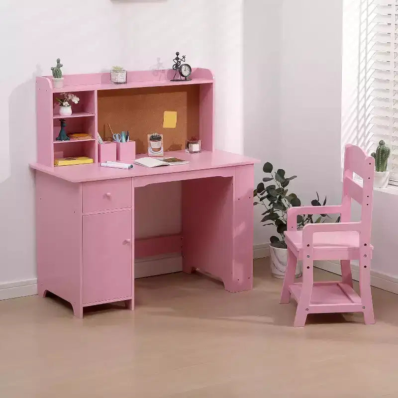 Ensemble bureau et chaise pour enfants avec étagère, tableau d'affichage, armoire et tiroir, table d'étude en bois pour les 3-8 ans, blanc