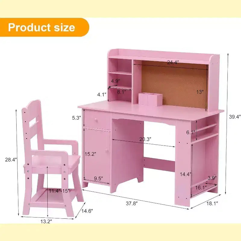 Ensemble bureau et chaise pour enfants avec étagère, tableau d'affichage, armoire et tiroir, table d'étude en bois pour les 3-8 ans, blanc