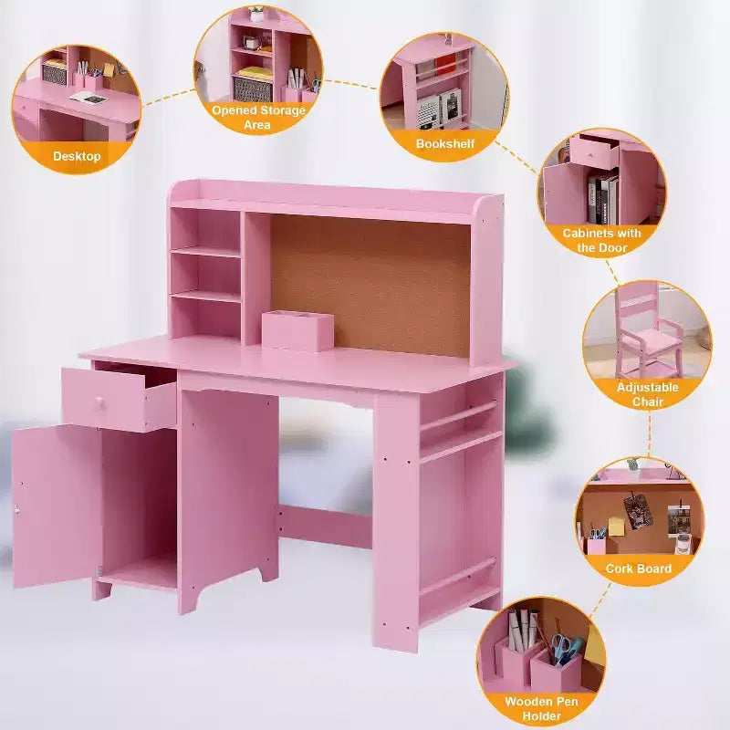 Ensemble bureau et chaise pour enfants avec étagère, tableau d'affichage, armoire et tiroir, table d'étude en bois pour les 3-8 ans, blanc