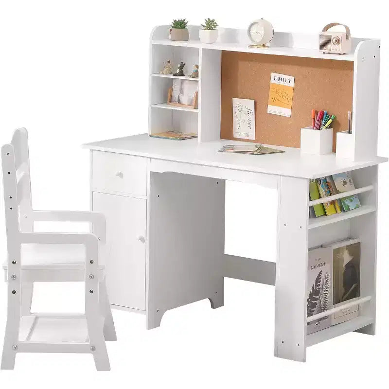Ensemble bureau et chaise pour enfants avec étagère, tableau d'affichage, armoire et tiroir, table d'étude en bois pour les 3-8 ans, blanc