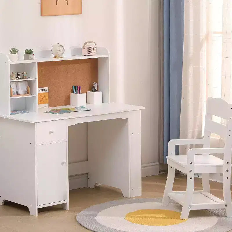 Ensemble bureau et chaise pour enfants avec étagère, tableau d'affichage, armoire et tiroir, table d'étude en bois pour les 3-8 ans, blanc
