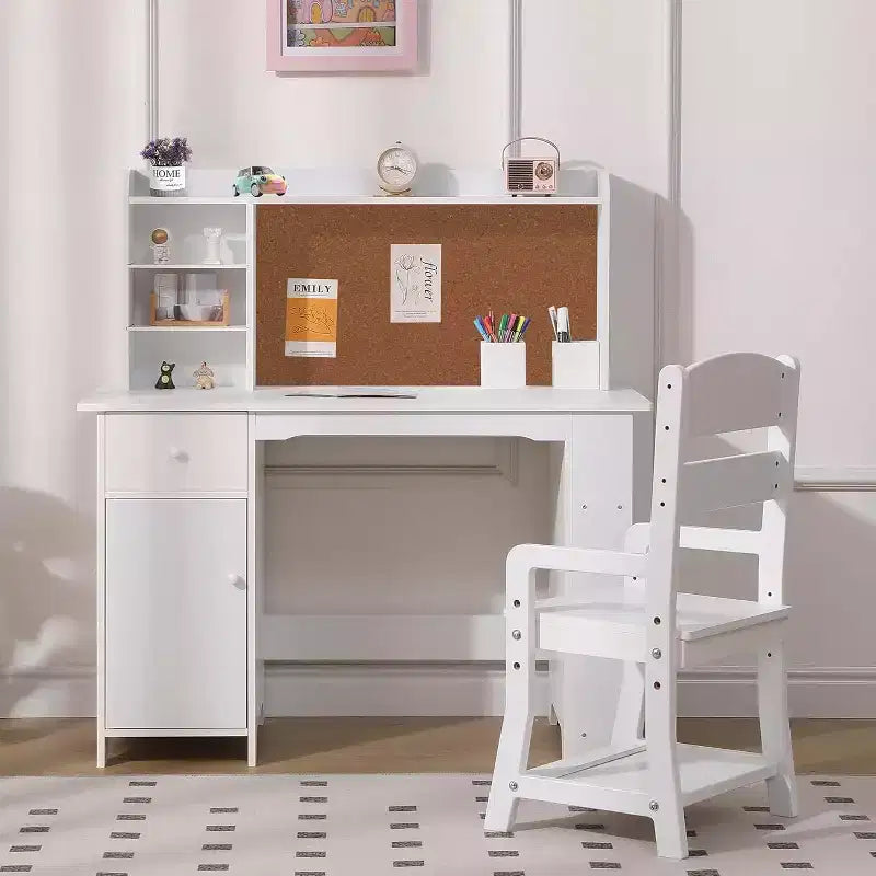Ensemble bureau et chaise pour enfants avec étagère, tableau d'affichage, armoire et tiroir, table d'étude en bois pour les 3-8 ans, blanc