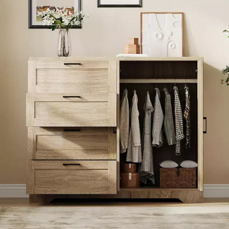 Commode Moderne en Bois pour Chambre, Armoire/Penderie 2 Portes de 110 cm avec 4 Tiroirs et Tringle, Meuble de Rangement pour Vêtements Suspendus