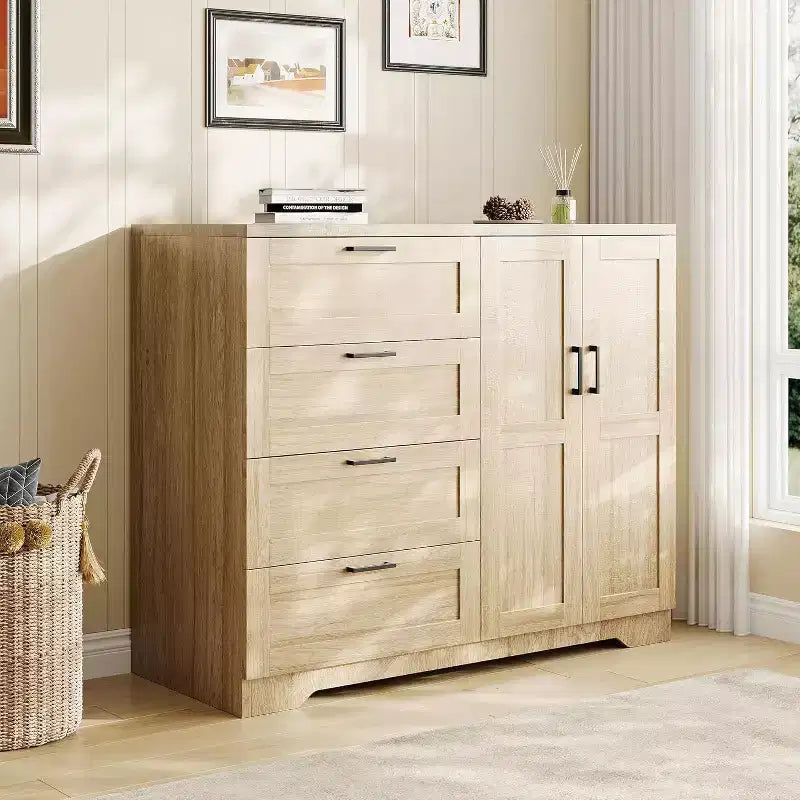 Commode Moderne en Bois pour Chambre, Armoire/Penderie 2 Portes de 110 cm avec 4 Tiroirs et Tringle, Meuble de Rangement pour Vêtements Suspendus