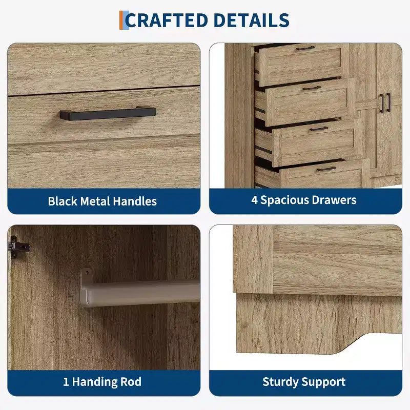 Commode Moderne en Bois pour Chambre, Armoire/Penderie 2 Portes de 110 cm avec 4 Tiroirs et Tringle, Meuble de Rangement pour Vêtements Suspendus