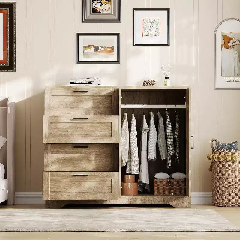 Commode Moderne en Bois pour Chambre, Armoire/Penderie 2 Portes de 110 cm avec 4 Tiroirs et Tringle, Meuble de Rangement pour Vêtements Suspendus