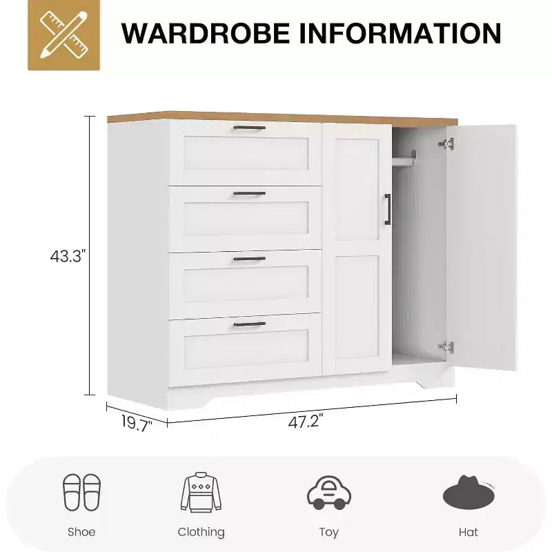 Commode Moderne en Bois pour Chambre, Armoire/Penderie 2 Portes de 110 cm avec 4 Tiroirs et Tringle, Meuble de Rangement pour Vêtements Suspendus