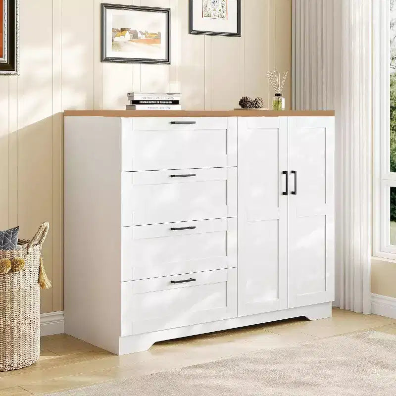 Commode Moderne en Bois pour Chambre, Armoire/Penderie 2 Portes de 110 cm avec 4 Tiroirs et Tringle, Meuble de Rangement pour Vêtements Suspendus