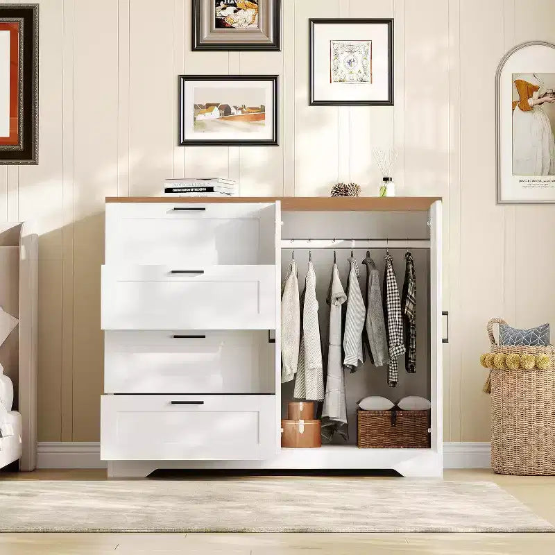 Commode Moderne en Bois pour Chambre, Armoire/Penderie 2 Portes de 110 cm avec 4 Tiroirs et Tringle, Meuble de Rangement pour Vêtements Suspendus