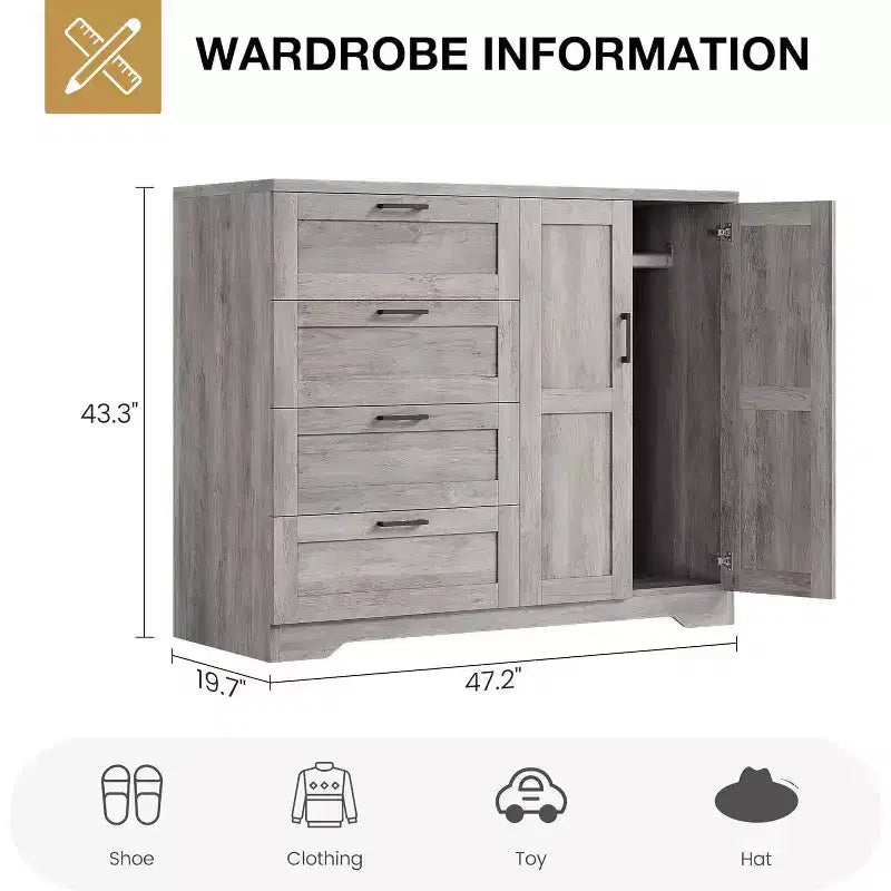 Commode Moderne en Bois pour Chambre, Armoire/Penderie 2 Portes de 110 cm avec 4 Tiroirs et Tringle, Meuble de Rangement pour Vêtements Suspendus
