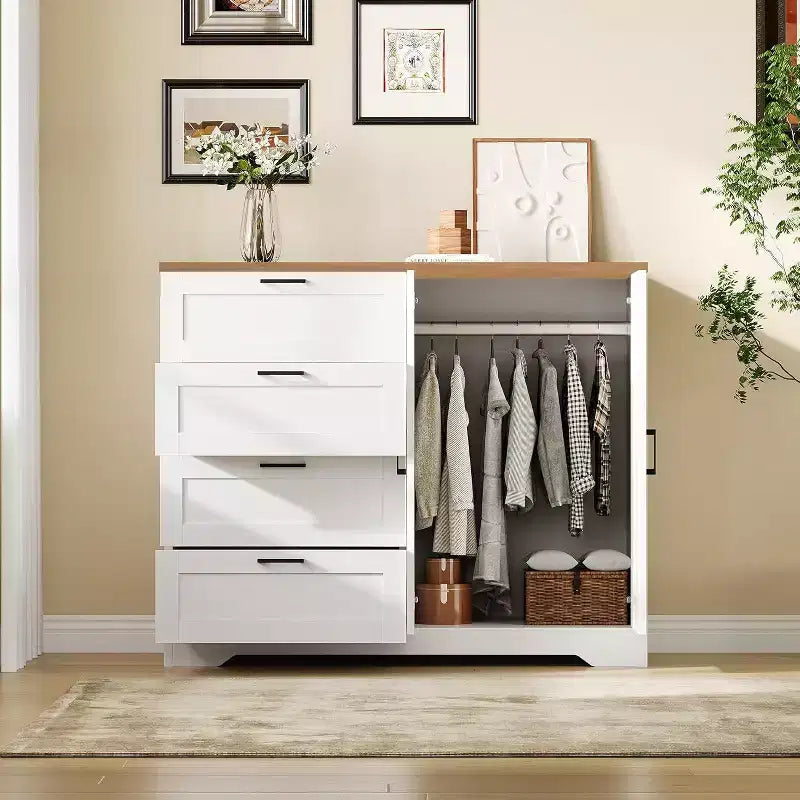 Commode Moderne en Bois pour Chambre, Armoire/Penderie 2 Portes de 110 cm avec 4 Tiroirs et Tringle, Meuble de Rangement pour Vêtements Suspendus