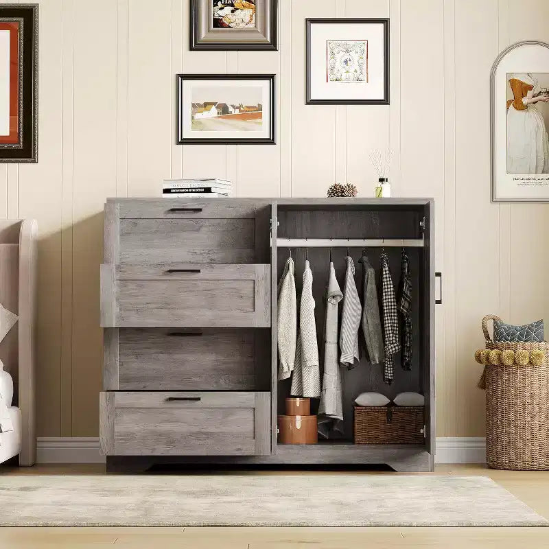 Commode Moderne en Bois pour Chambre, Armoire/Penderie 2 Portes de 110 cm avec 4 Tiroirs et Tringle, Meuble de Rangement pour Vêtements Suspendus