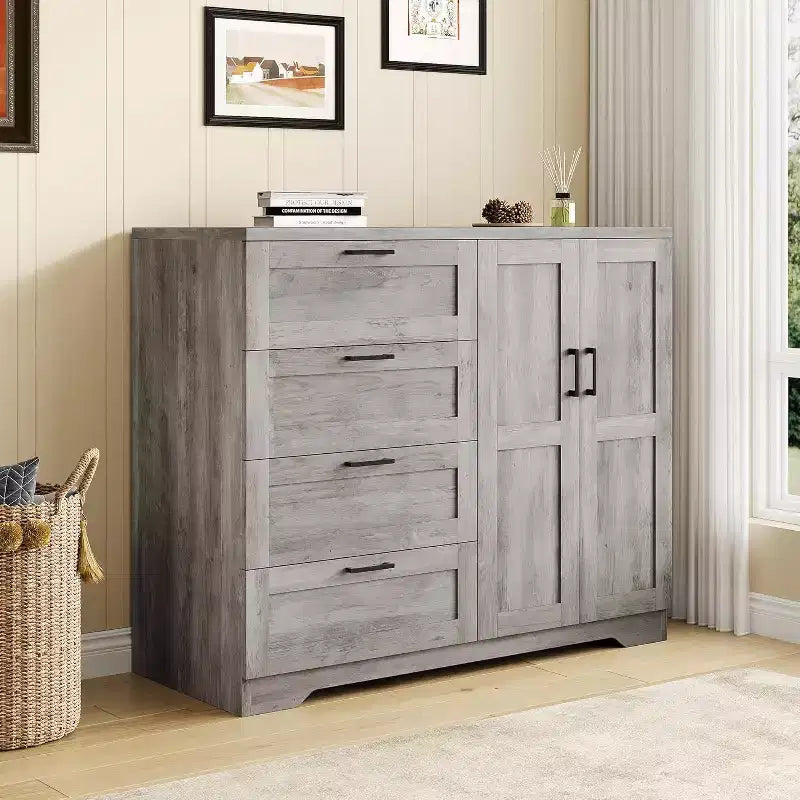 Commode Moderne en Bois pour Chambre, Armoire/Penderie 2 Portes de 110 cm avec 4 Tiroirs et Tringle, Meuble de Rangement pour Vêtements Suspendus