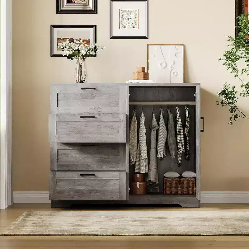 Commode Moderne en Bois pour Chambre, Armoire/Penderie 2 Portes de 110 cm avec 4 Tiroirs et Tringle, Meuble de Rangement pour Vêtements Suspendus