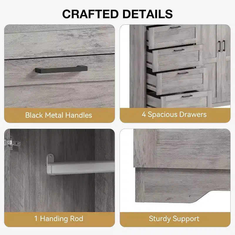 Commode Moderne en Bois pour Chambre, Armoire/Penderie 2 Portes de 110 cm avec 4 Tiroirs et Tringle, Meuble de Rangement pour Vêtements Suspendus
