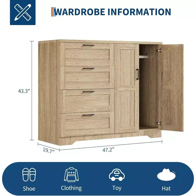 Commode Moderne en Bois pour Chambre, Armoire/Penderie 2 Portes de 110 cm avec 4 Tiroirs et Tringle, Meuble de Rangement pour Vêtements Suspendus
