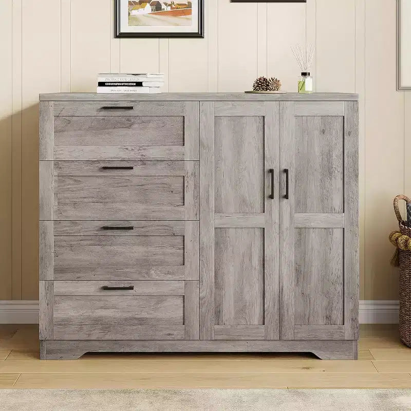 Modern Wooden Dresser for Bedroom, 43.3'' 2 Door Wardrobe Armoire Closet with 4 Drawers and Hanging Rod, Storage Cabinet for Hanging Cloth