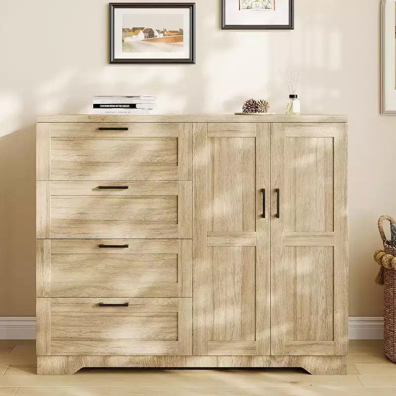 Commode Moderne en Bois pour Chambre, Armoire/Penderie 2 Portes de 110 cm avec 4 Tiroirs et Tringle, Meuble de Rangement pour Vêtements Suspendus