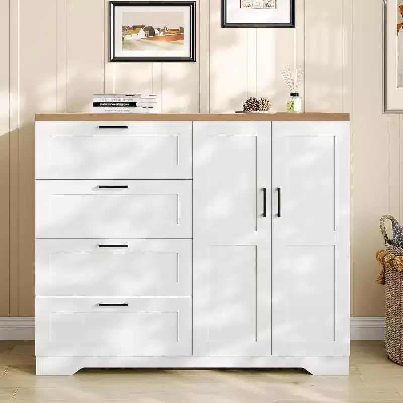 Commode Moderne en Bois pour Chambre, Armoire/Penderie 2 Portes de 110 cm avec 4 Tiroirs et Tringle, Meuble de Rangement pour Vêtements Suspendus