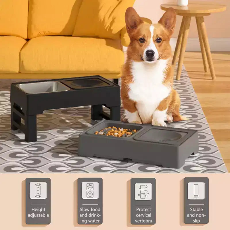 Gamelles pour chien, station d'alimentation surélevée en acier inoxydable avec gamelle anti-glouton - Gamelles surélevées à hauteur réglable pour chiens et chats, noir