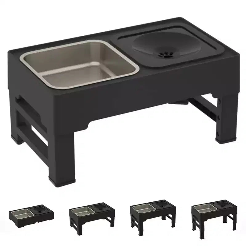 Dog Bowls, Stainless Steel Elevated Feeding Station with Slow Feeder - Adjustable Heights Raised Bowls for Dogs Cats, Black