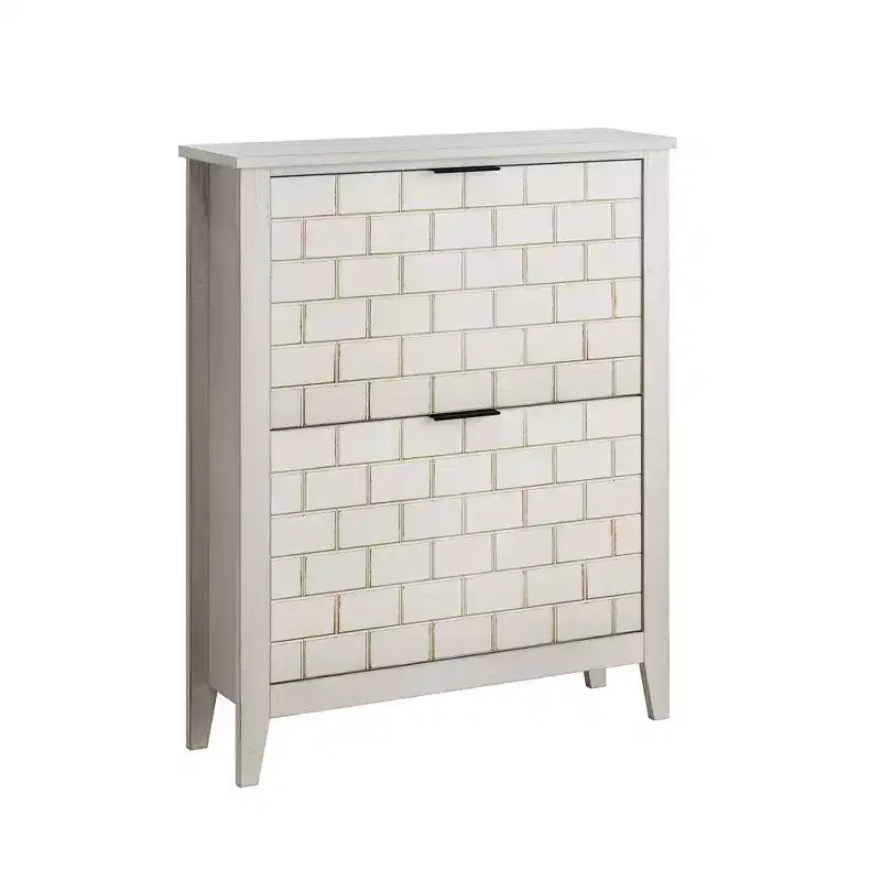CLIHOME 31.5 Inch Retro White Shoe Storage Cabinet, Mid-Century Vintage Freestanding Shoe Cabinet, Shoe Cabinet with 2 Flip Drawers