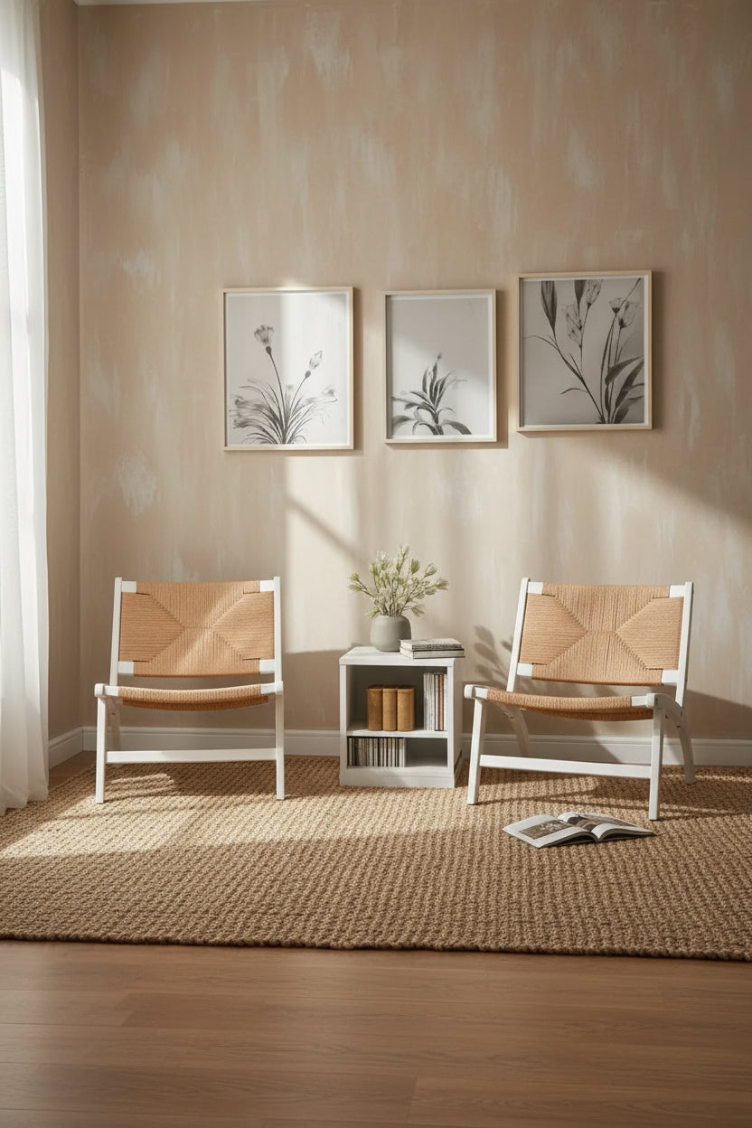 MAYEERTY Modern Boho Accent Chair - Scandinavian Cognac Beech Wood, Braided Jute Woven Seat & Back (White-Beige)
